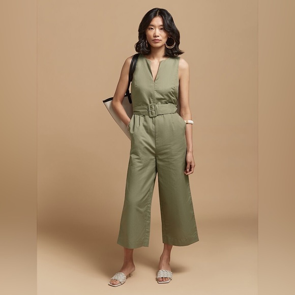 NWT. Banana Republic Factory 18 Belted Linen Blend Jumpsuit in Tate Olive Green. - Picture 1 of 15